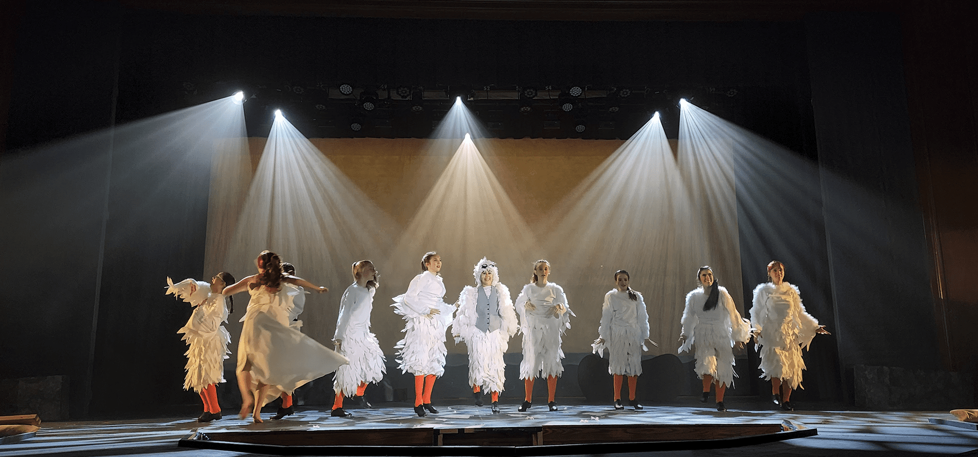 Stage Lighting of the little mermaid musical featuring 10 performers in white feathered costumes.