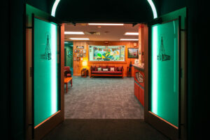 Meow Wolf's Radio Tave open entrance with lighting by VLS