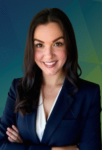 Cheryl Sikorski with geometric gradient background
